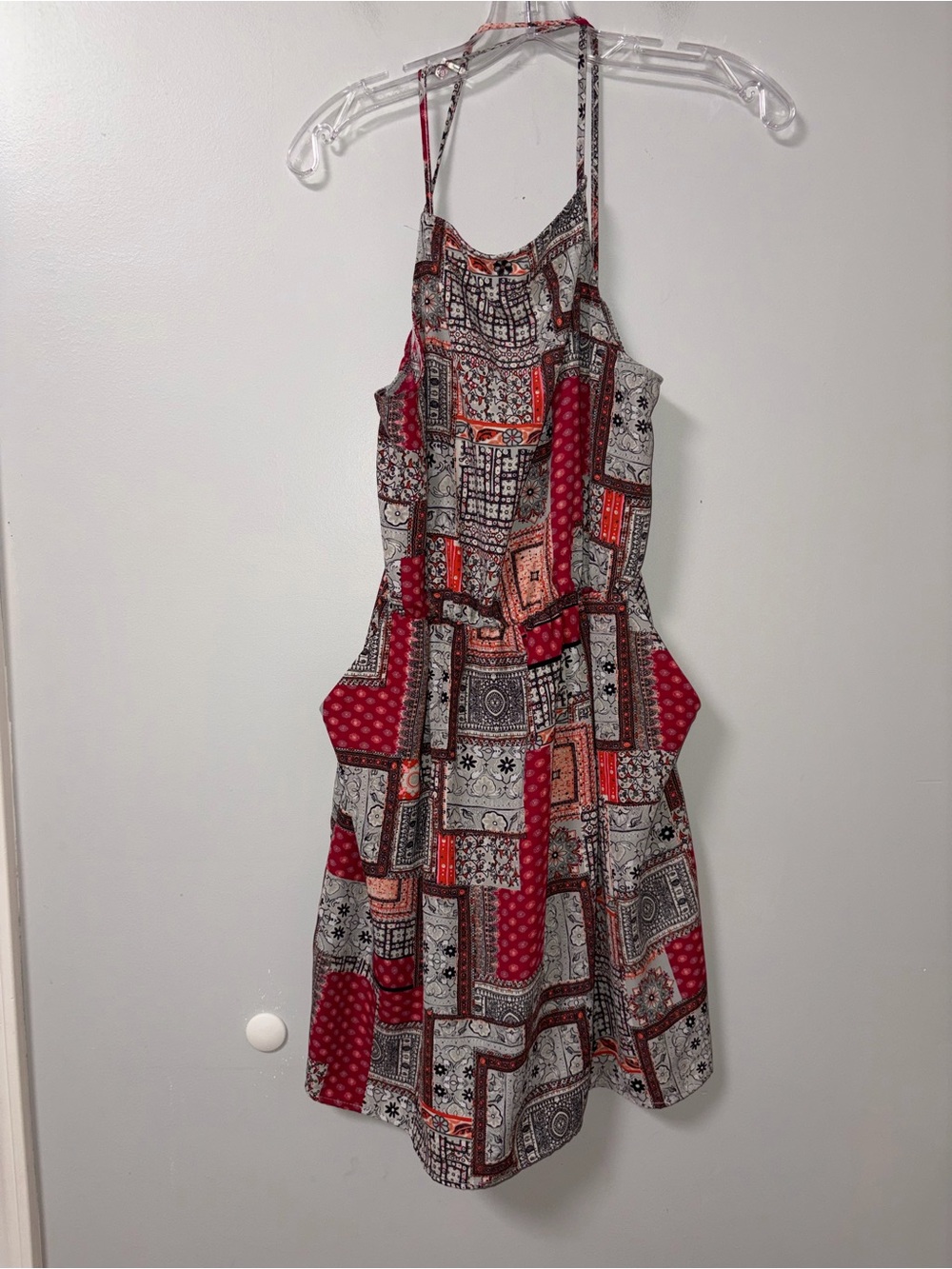 Everly Gray & Red Bandana Patchwork Print Spaghetti Strap Halter Dress Juniors L